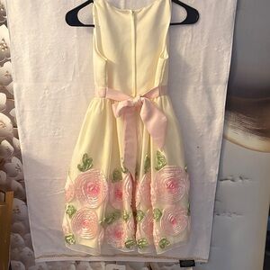 Girls Yellow Floral Appliqué Dress with Pink Sash